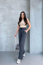 Kadın Mevsimlik Salaş Geniş Paça Yüksek Bel Antrasit Eşofman Altı - MMETALIC