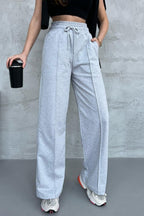 Kadın Mevsimlik Salaş Geniş Paça Yüksek Bel Gri Eşofman Altı - MMETALIC