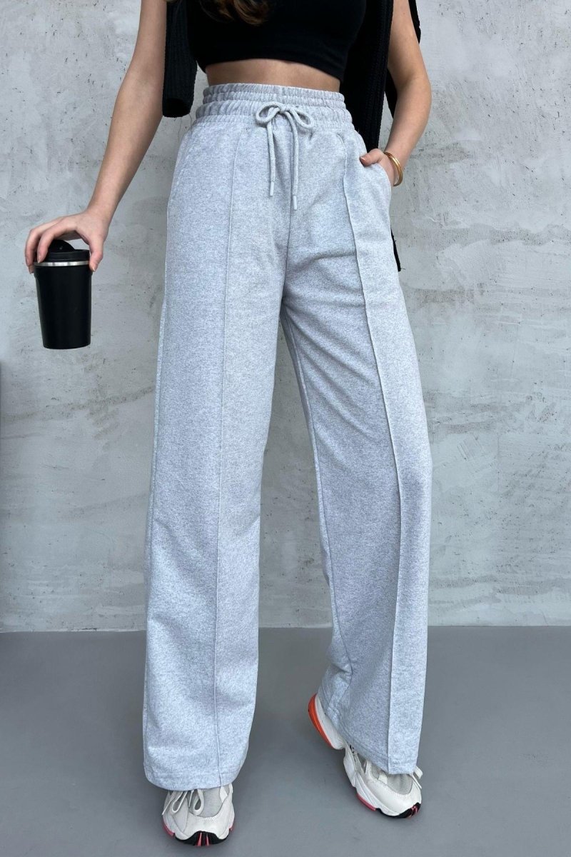 Kadın Mevsimlik Salaş Geniş Paça Yüksek Bel Gri Eşofman Altı - MMETALIC