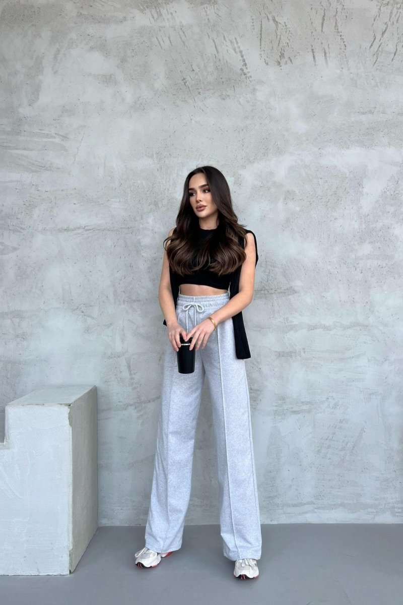 Kadın Mevsimlik Salaş Geniş Paça Yüksek Bel Gri Eşofman Altı - MMETALIC