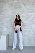 Kadın Mevsimlik Salaş Geniş Paça Yüksek Bel Gri Eşofman Altı - MMETALIC