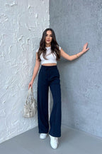 Kadın Mevsimlik Salaş Geniş Paça Yüksek Bel Lacivert Eşofman Altı - MMETALIC