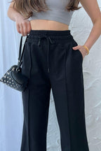 Kadın Mevsimlik Salaş Geniş Paça Yüksek Bel Siyah Eşofman Altı - MMETALIC