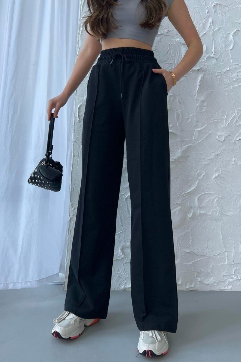 Kadın Mevsimlik Salaş Geniş Paça Yüksek Bel Siyah Eşofman Altı - MMETALIC