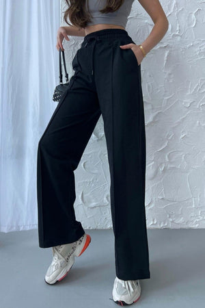 Kadın Mevsimlik Salaş Geniş Paça Yüksek Bel Siyah Eşofman Altı - MMETALIC