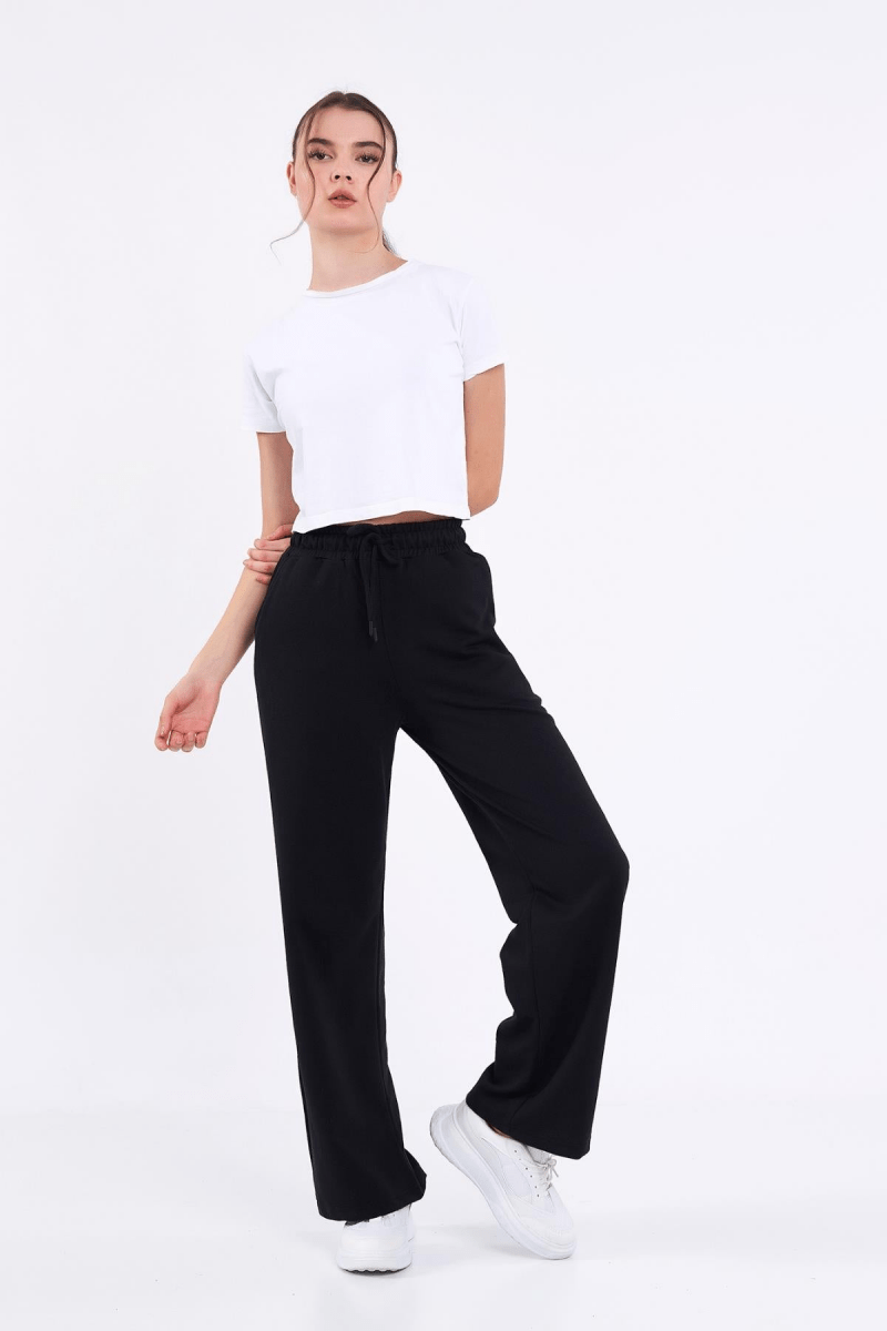 Kadın Mevsimlik Salaş Geniş Rahat Paça Yan Cepli Siyah Eşofman Altı - MMETALIC