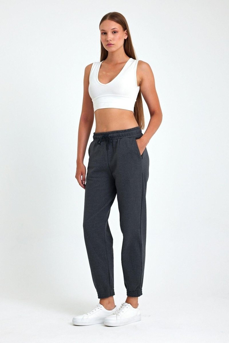 Kadın Siyah - Antrasit Pamuklu Kalın Paçası Lastikli Yüksek Bel Rahat Jogger 2'li Eşofman Altı MTLCB95 - 2 - MMETALIC