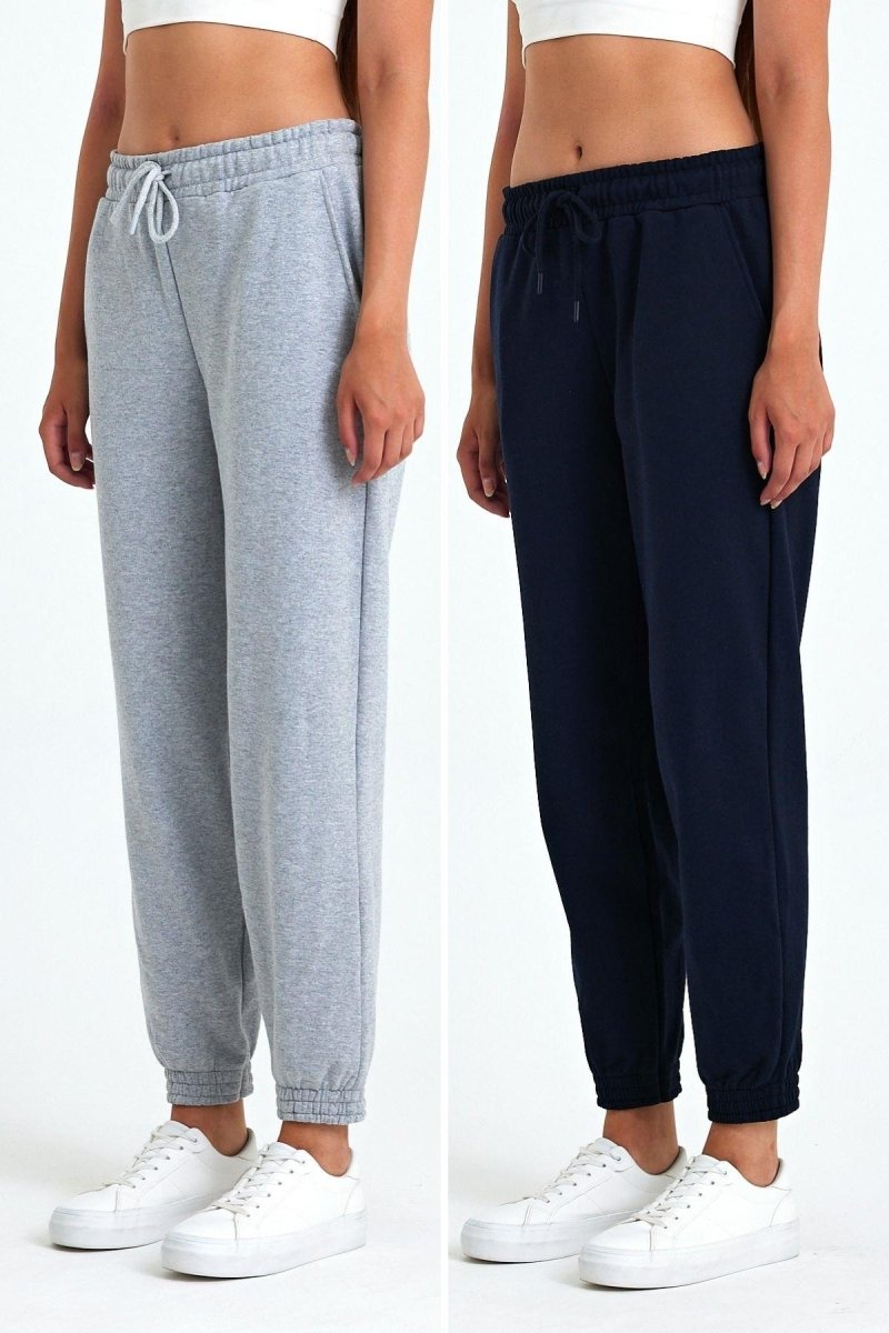 Kadın Siyah - Antrasit Pamuklu Kalın Paçası Lastikli Yüksek Bel Rahat Jogger 2'li Eşofman Altı MTLCB95 - 2 - MMETALIC