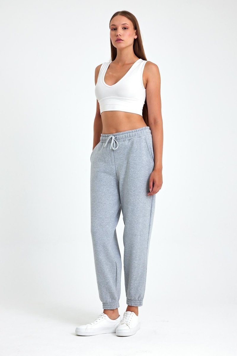 Kadın Siyah - Antrasit Pamuklu Kalın Paçası Lastikli Yüksek Bel Rahat Jogger 2'li Eşofman Altı MTLCB95 - 2 - MMETALIC