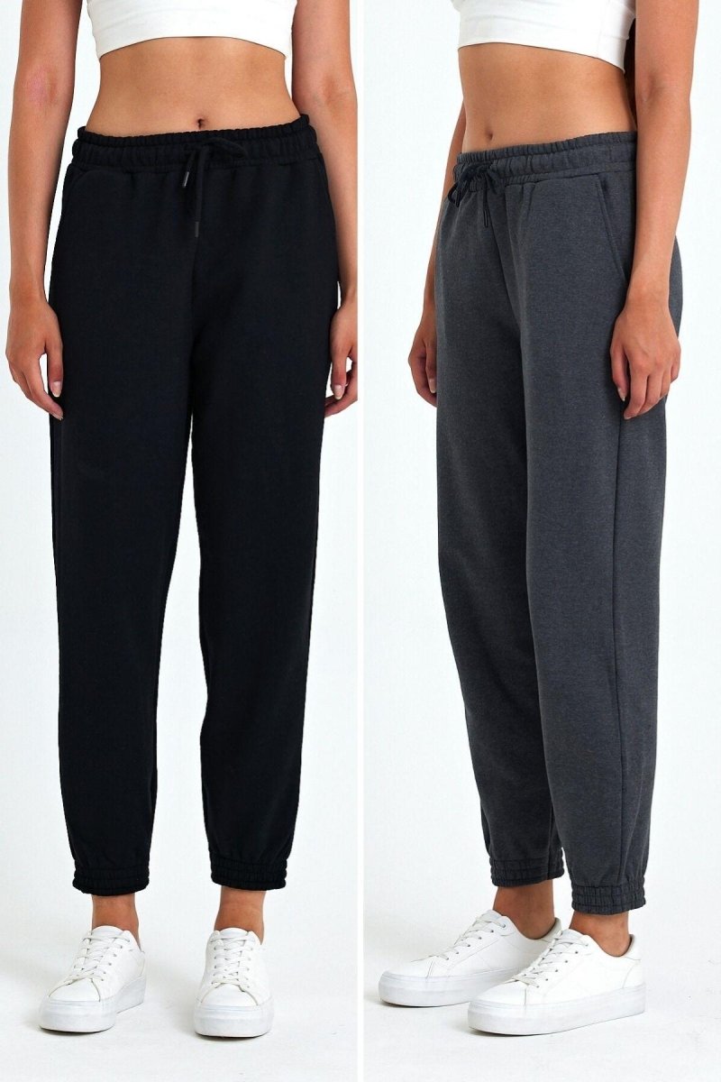 Kadın Siyah - Antrasit Pamuklu Kalın Paçası Lastikli Yüksek Bel Rahat Jogger 2'li Eşofman Altı MTLCB95 - 2 - MMETALIC