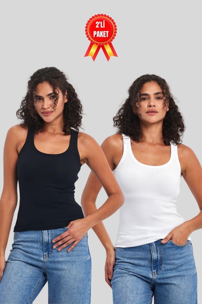 Kadın Siyah - Beyaz Fitilli Görünümlü Askılı Kalın 2'li Basic Atlet - MMETALIC