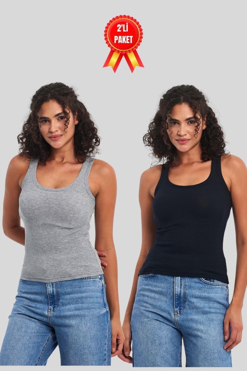 Kadın Siyah - Beyaz Fitilli Görünümlü Askılı Kalın 2'li Basic Atlet - MMETALIC