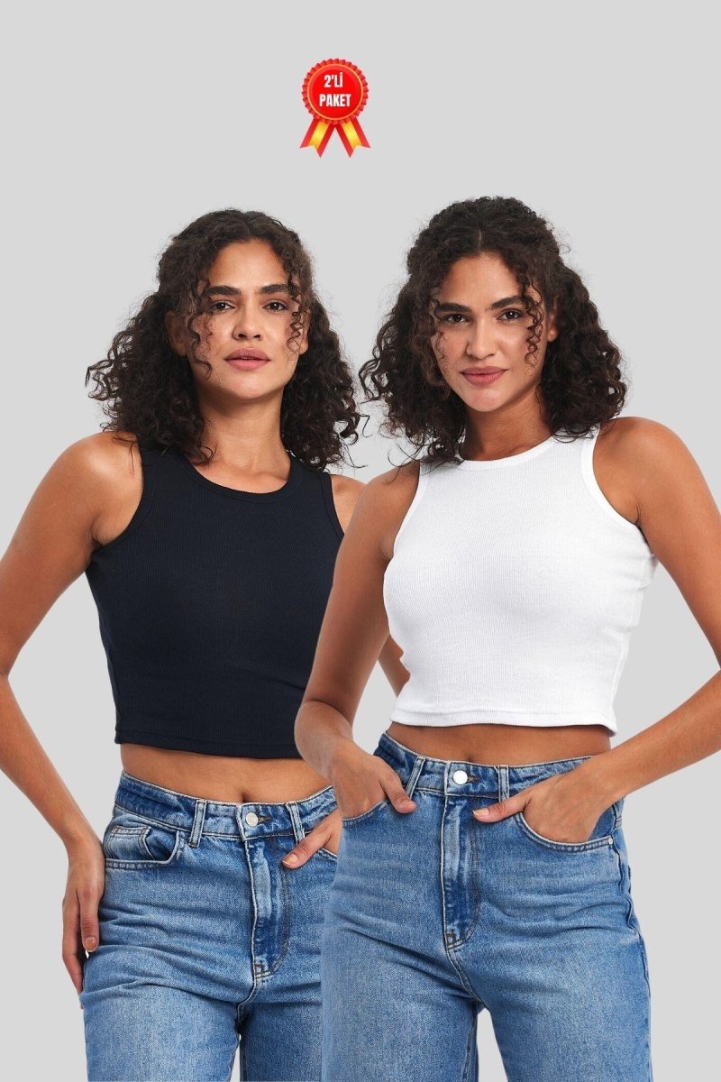 Kadın Siyah - Beyaz Fitilli Görünümlü Askılı Kalın Esnek Örme 2'li Basic Crop Atlet - MMETALIC