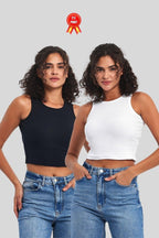 Kadın Siyah - Beyaz Fitilli Görünümlü Askılı Kalın Esnek Örme 2'li Basic Crop Atlet - MMETALIC