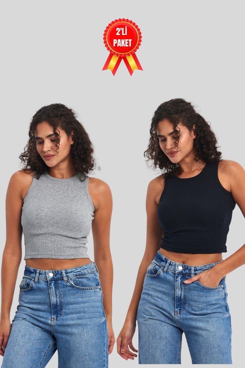 Kadın Siyah - Beyaz Fitilli Görünümlü Askılı Kalın Esnek Örme 2'li Basic Crop Atlet - MMETALIC