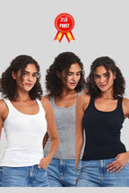 Kadın Siyah - Beyaz - Gri Fitilli Görünümlü Askılı Kalın 3'lü Basic Atlet - MMETALIC