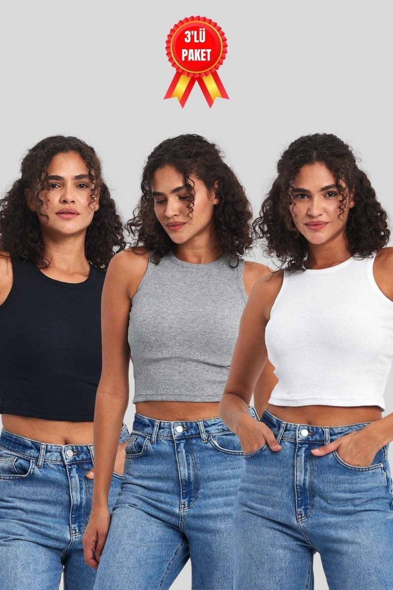 Kadın Siyah - Beyaz - Gri Fitilli Görünümlü Askılı Kalın Esnek Örme 3'lü Basic Crop Atlet - MMETALIC