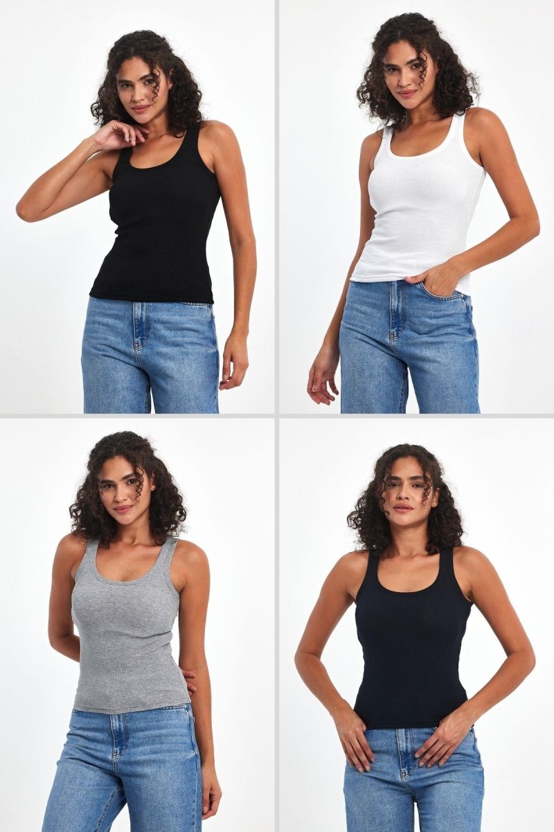 Kadın Siyah - Beyaz - Gri - Lacivert Fitilli Görünümlü Askılı Kalın 4'lü Basic Atlet MTLCB92 - 4 - MMETALIC