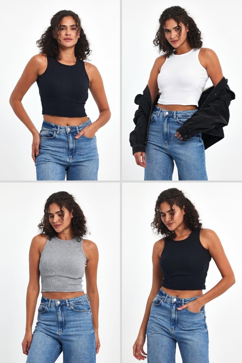 Kadın Siyah - Beyaz - Gri - Lacivert Fitilli Görünümlü Askılı Kalın Esnek Örme 4'lü Basic Crop Atlet - MMETALIC