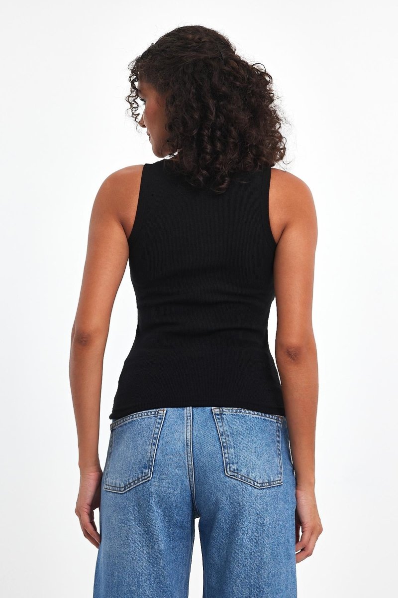 Kadın Siyah Fitilli Görünümlü Askılı Kalın Basic Atlet - MMETALIC