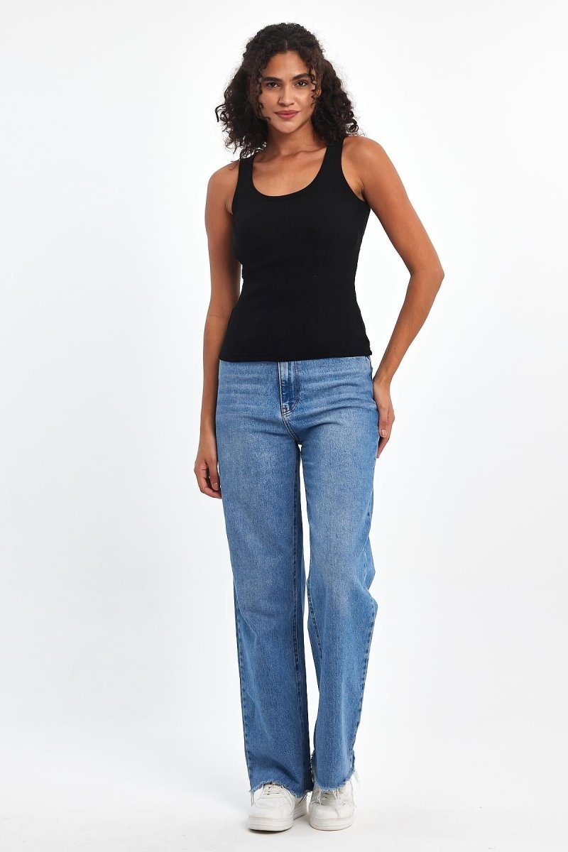 Kadın Siyah Fitilli Görünümlü Askılı Kalın Basic Atlet - MMETALIC