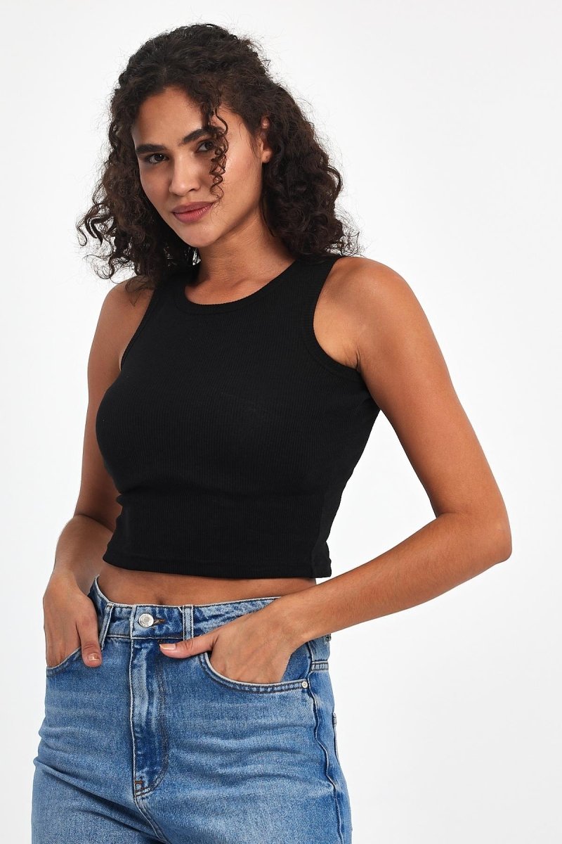 Kadın Siyah Fitilli Görünümlü Askılı Kalın Esnek Örme Basic Crop Atlet - MMETALIC