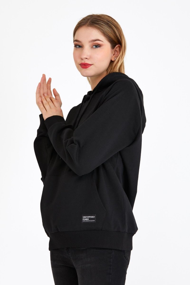Kadın Siyah Kapüşonlu Basic Örme Sweatshirt - MMETALIC