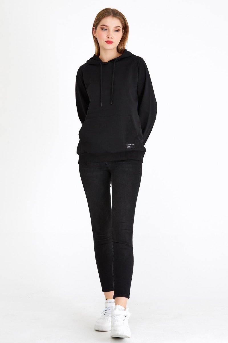 Kadın Siyah Kapüşonlu Basic Örme Sweatshirt - MMETALIC