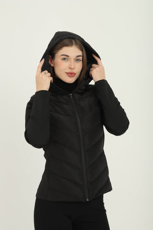 Kadın Siyah Kapüşonlu Cepli Rahat Termal Kontrast Şişme Mont - MMETALIC