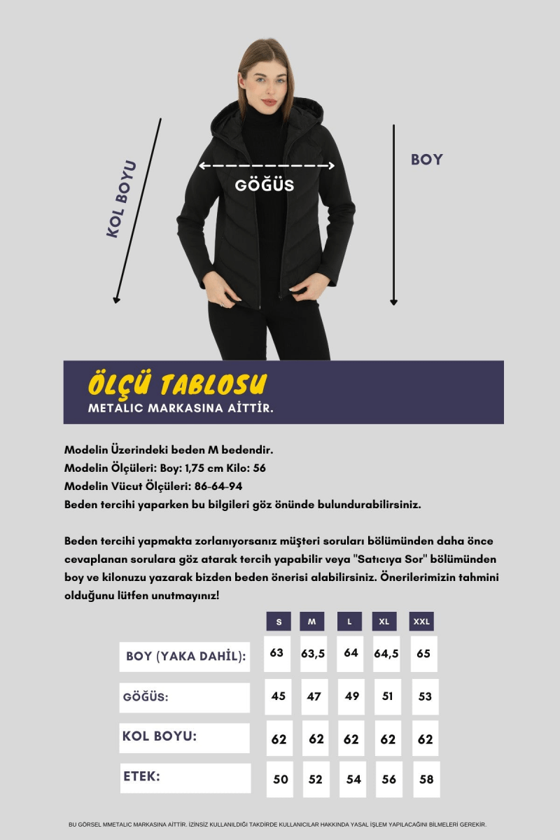 Kadın Siyah Kapüşonlu Cepli Rahat Termal Kontrast Şişme Mont - MMETALIC