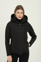 Kadın Siyah Kapüşonlu Cepli Rahat Termal Kontrast Şişme Mont - MMETALIC