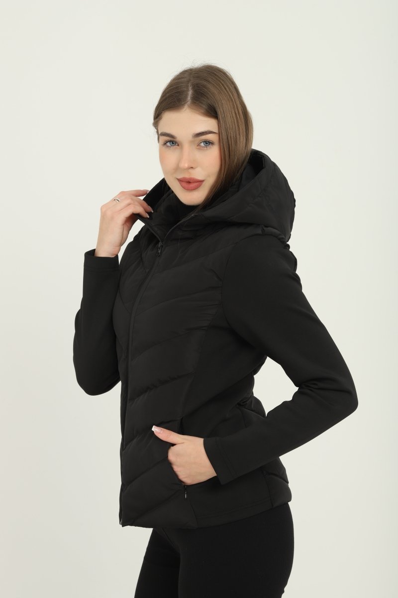 Kadın Siyah Kapüşonlu Cepli Rahat Termal Kontrast Şişme Mont - MMETALIC