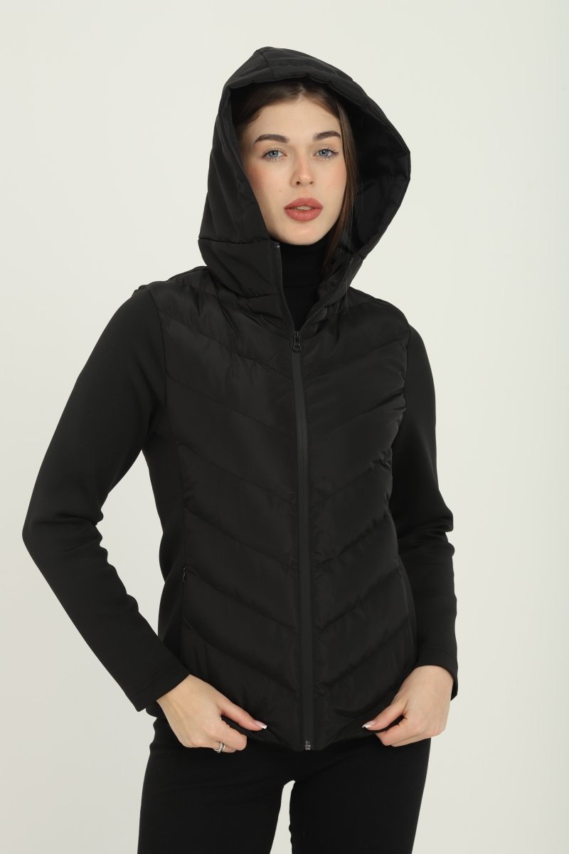 Kadın Siyah Kapüşonlu Cepli Rahat Termal Kontrast Şişme Mont - MMETALIC