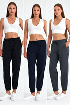 Kadın Siyah - Lacivert - Antrasit Pamuklu Kalın Paçası Lastikli Yüksek Bel Rahat Jogger 3'lü Eşofman Altı - MMETALIC