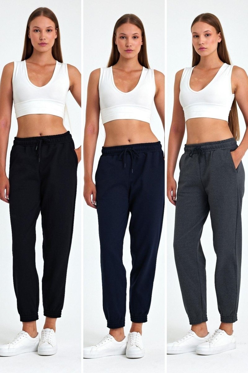 Kadın Siyah - Lacivert - Antrasit Pamuklu Kalın Paçası Lastikli Yüksek Bel Rahat Jogger 3'lü Eşofman Altı - MMETALIC