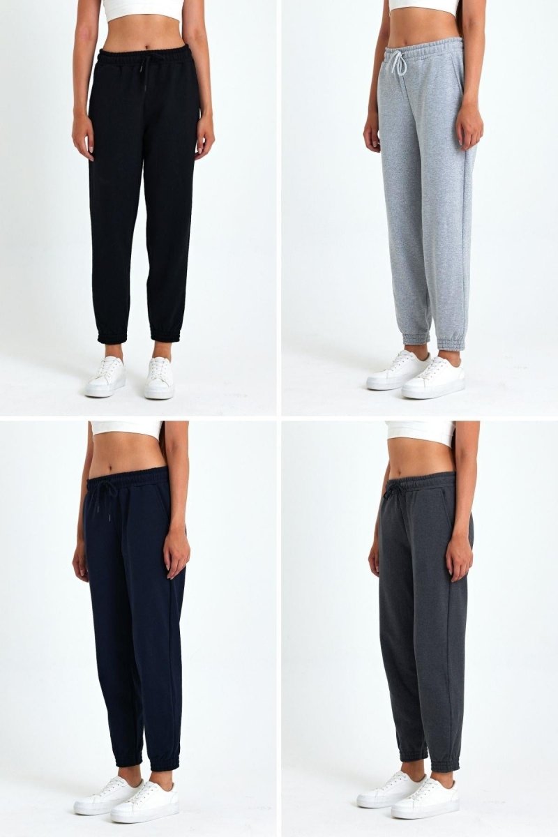 Kadın Siyah - Lacivert - Gri - Antrasit Pamuklu Kalın Paçası Lastikli Yüksek Bel Rahat Jogger 4'lü Eşofman Altı - MMETALIC