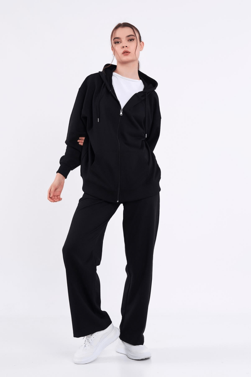 Kadın Siyah Normal Kalıp Basic Beli Lastikli Kapüşonlu Oversize Mevsimlik Alt Üst Eşofman Takımı MTLCB7367 - MMETALIC