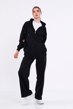 Kadın Siyah Normal Kalıp Basic Beli Lastikli Kapüşonlu Oversize Mevsimlik Alt Üst Eşofman Takımı MTLCB7367 - MMETALIC