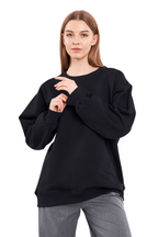 Kadın Siyah Pamuklu Oversize Basic Bisiklet Yaka Sweatshirt - MMETALIC