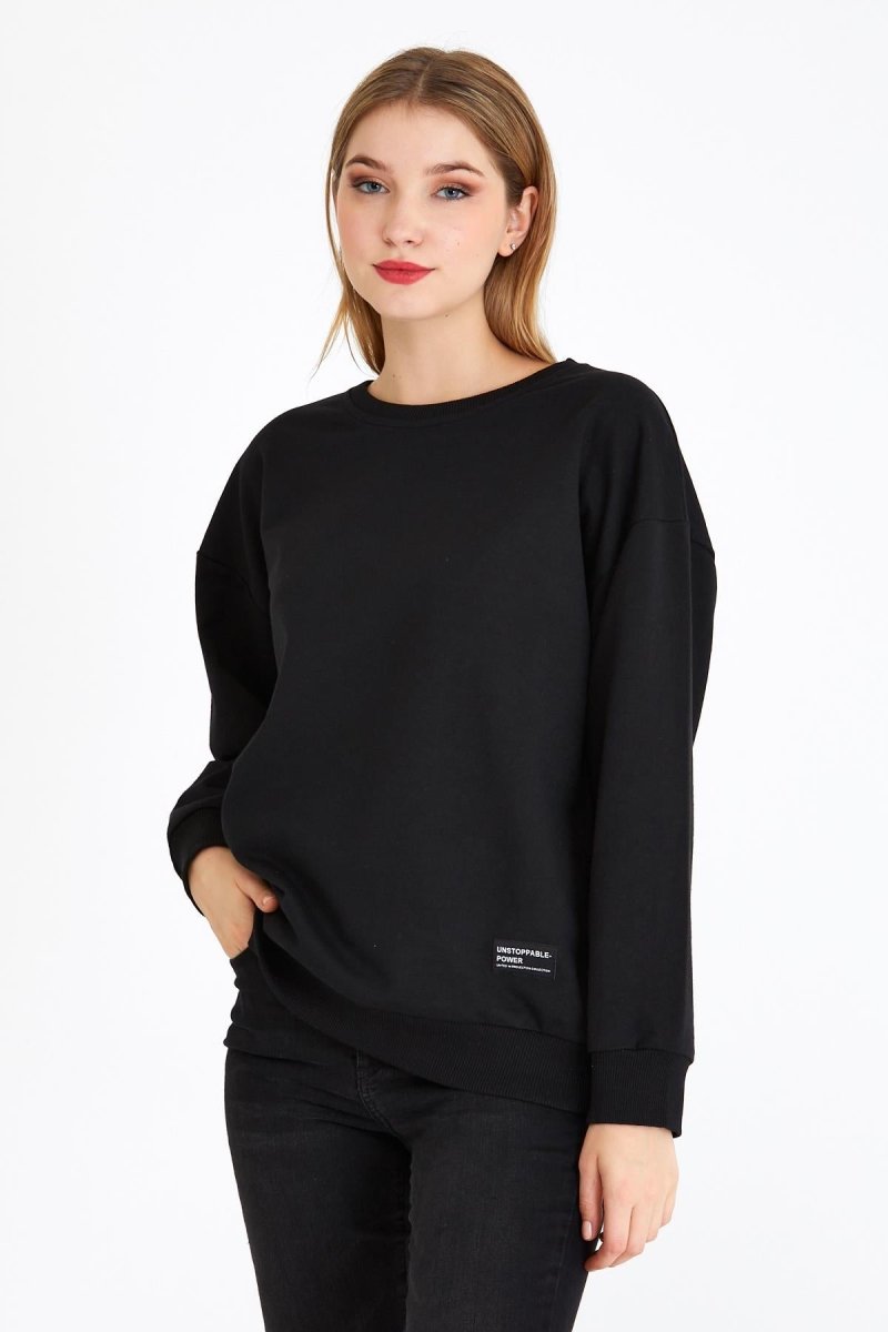 Kadın Siyah Renk Basic Bisiklet Yaka Sweatshirt - MMETALIC