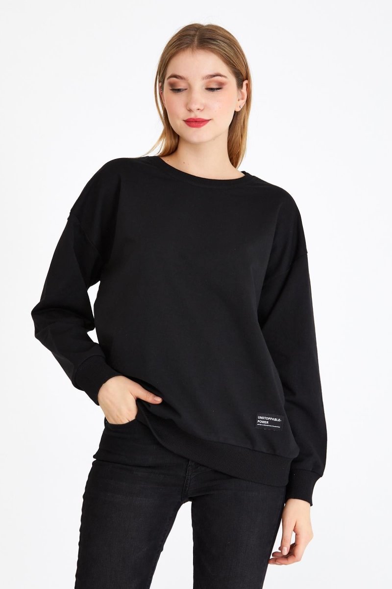 Kadın Siyah Renk Basic Bisiklet Yaka Sweatshirt - MMETALIC