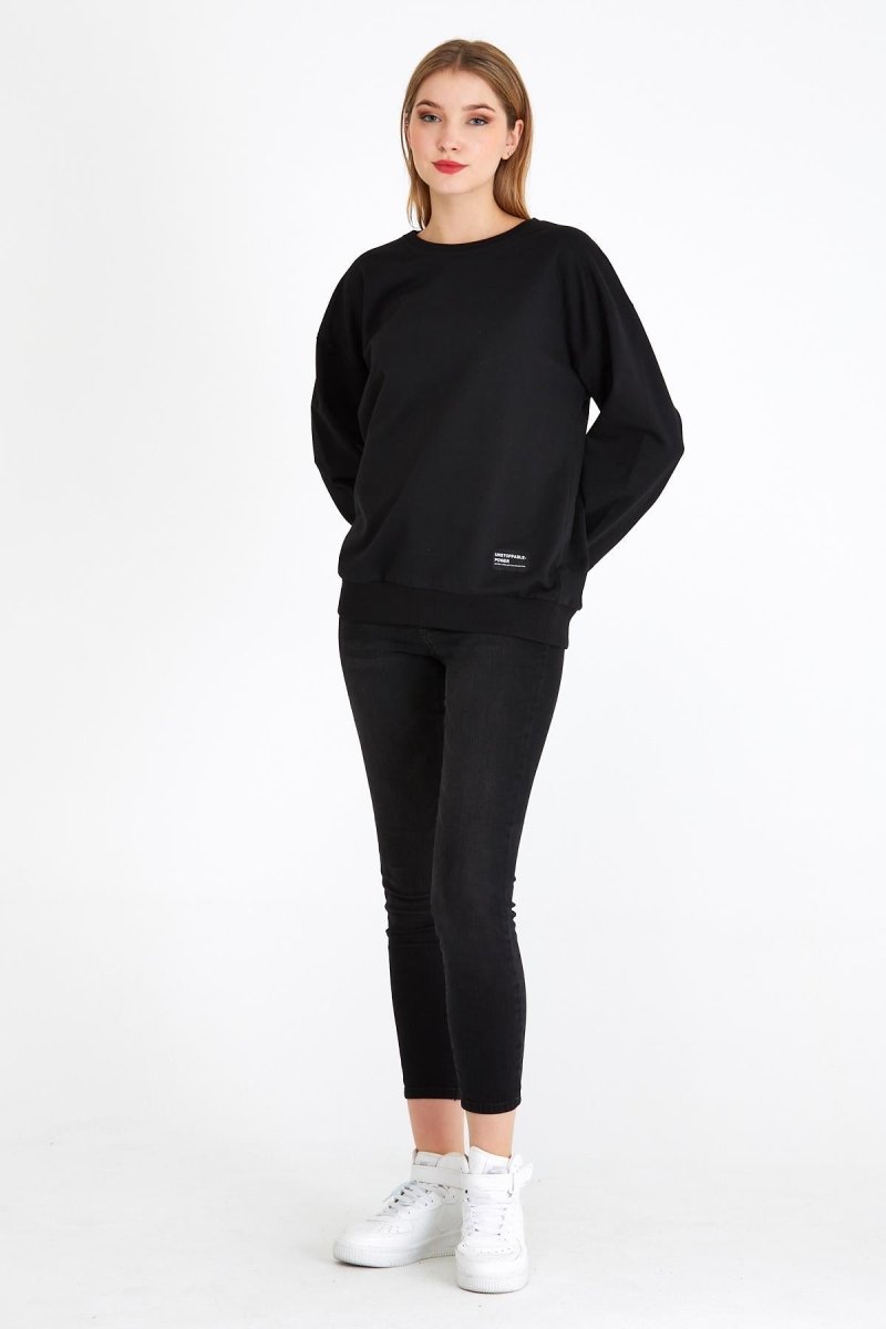 Kadın Siyah Renk Basic Bisiklet Yaka Sweatshirt - MMETALIC