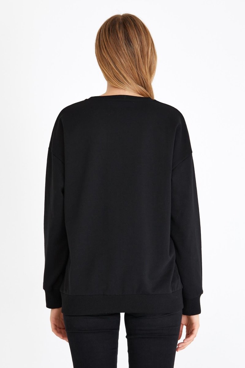 Kadın Siyah Renk Basic Bisiklet Yaka Sweatshirt - MMETALIC