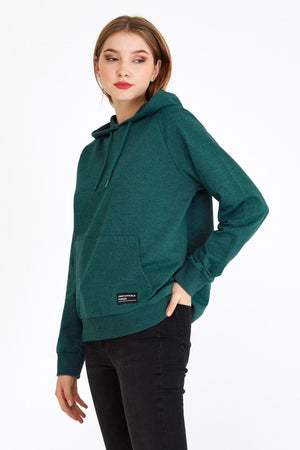 Kadın Yeşil Kapüşonlu Basic Örme Sweatshirt - MMETALIC