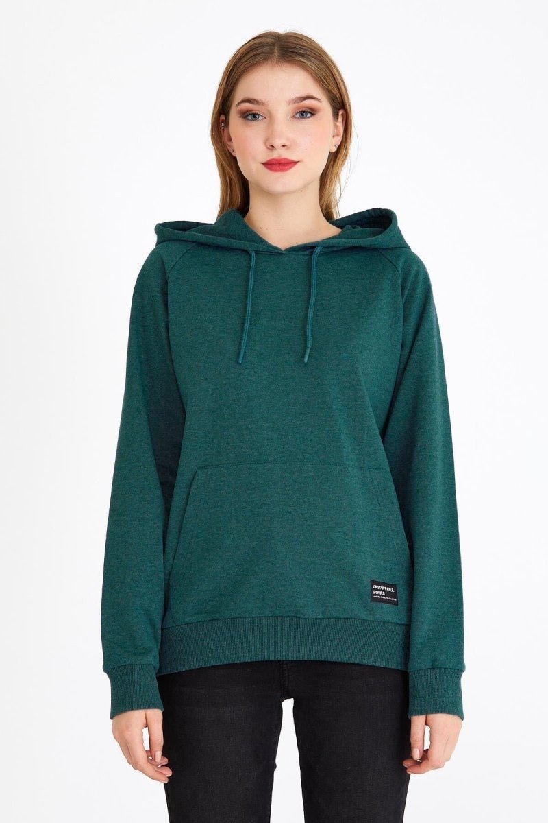Kadın Yeşil Kapüşonlu Basic Örme Sweatshirt - MMETALIC