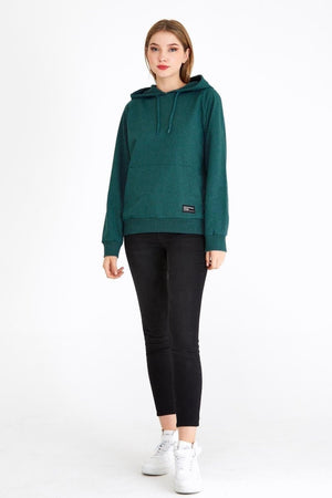 Kadın Yeşil Kapüşonlu Basic Örme Sweatshirt - MMETALIC