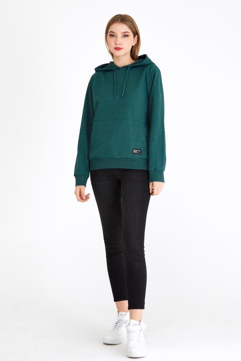 Kadın Yeşil Kapüşonlu Basic Örme Sweatshirt - MMETALIC