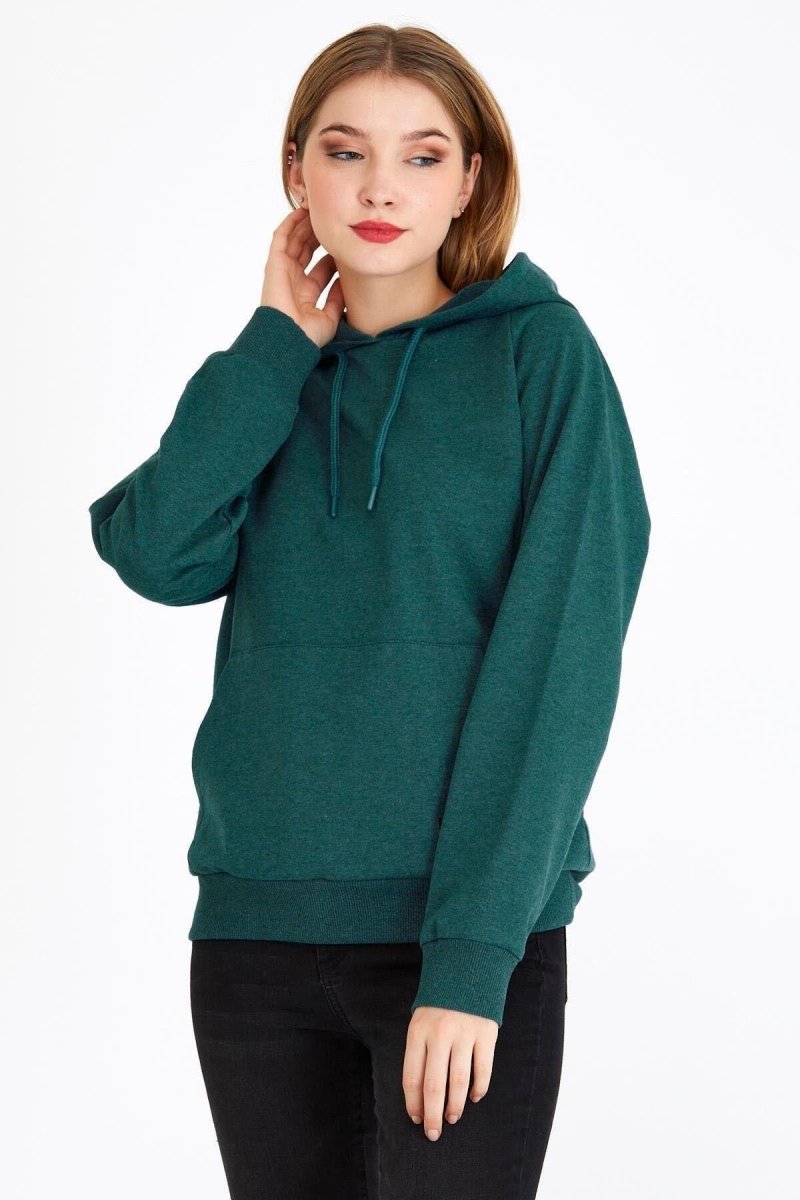 Kadın Yeşil Kapüşonlu Basic Örme Sweatshirt - MMETALIC