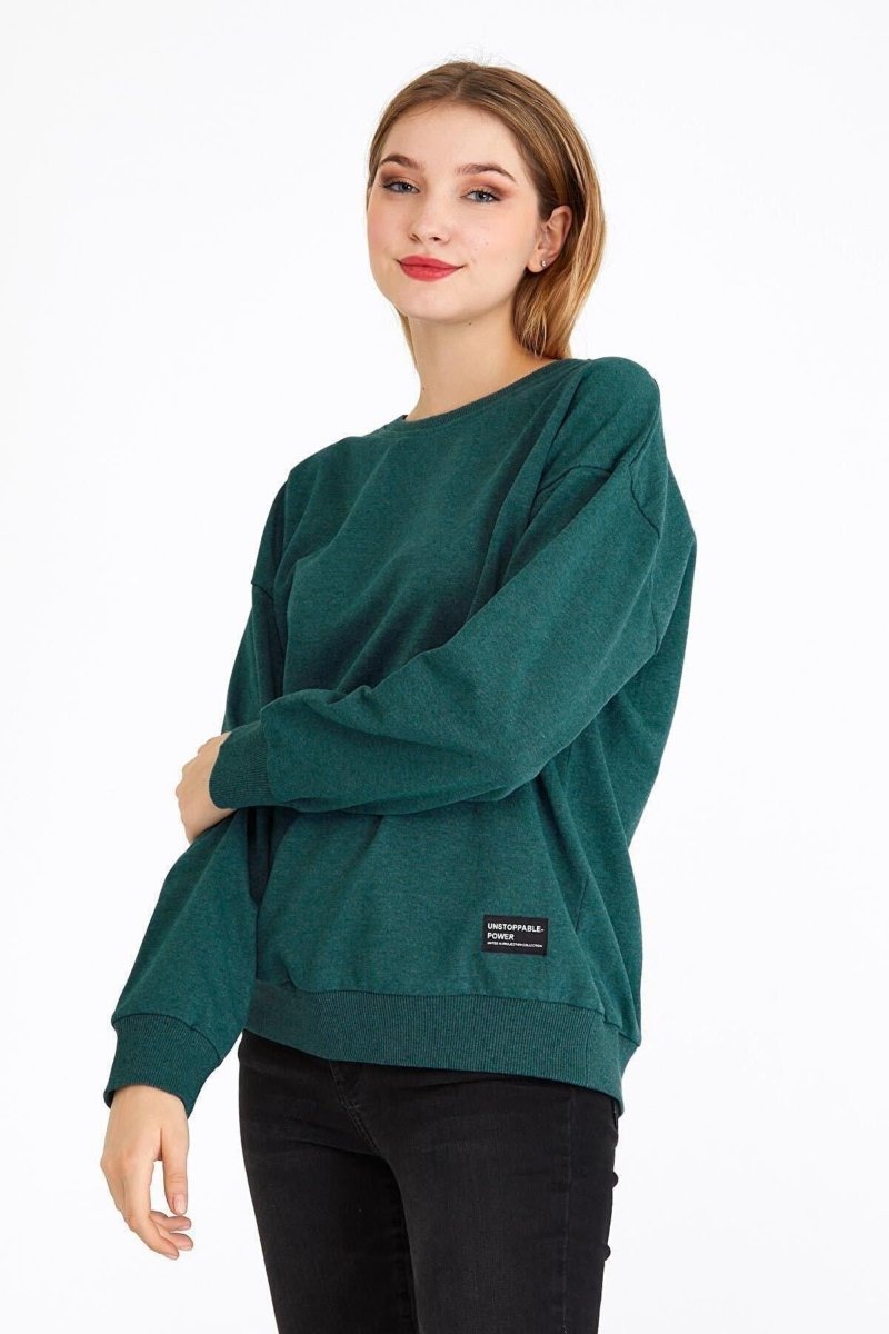 Kadın Yeşil Renk Basic Bisiklet Yaka Sweatshirt - MMETALIC