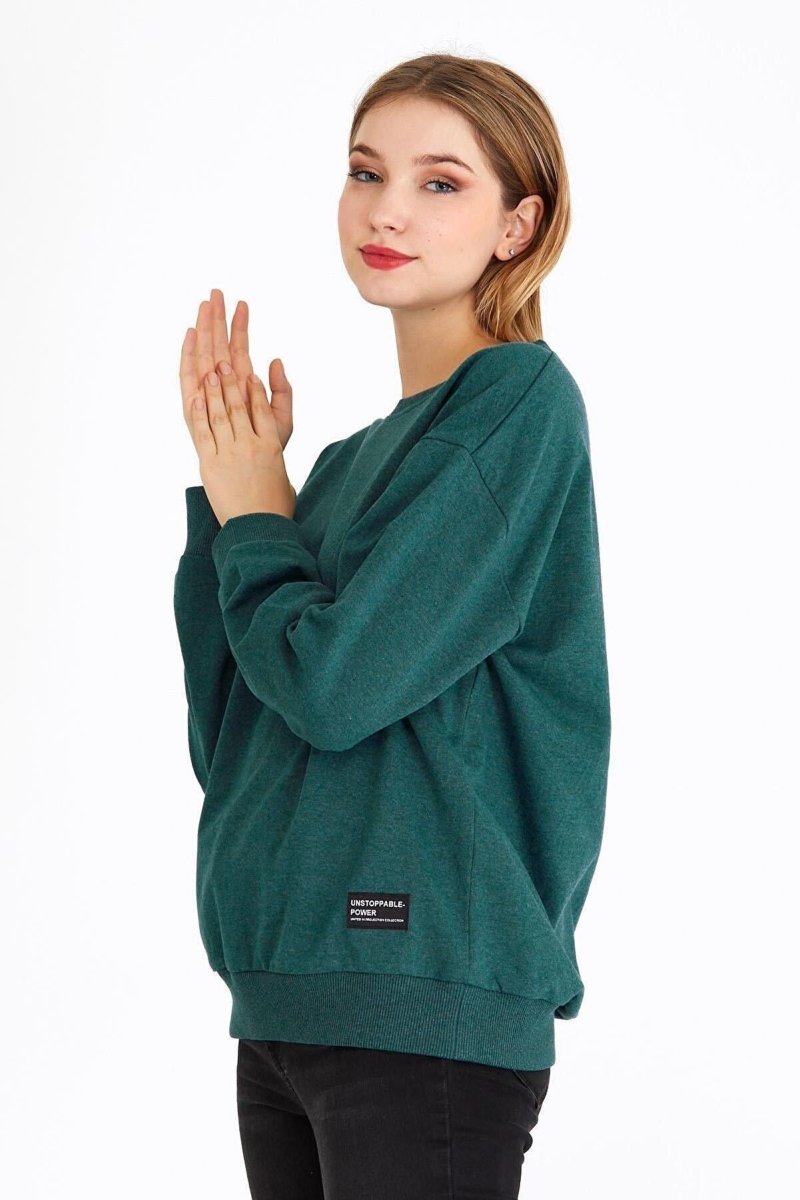 Kadın Yeşil Renk Basic Bisiklet Yaka Sweatshirt - MMETALIC